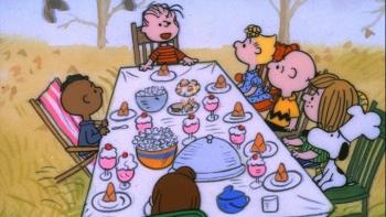 Charlie Brown having Thanksgiving with friends
