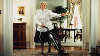 image of Robin Williams dressed as a female and vacuuming